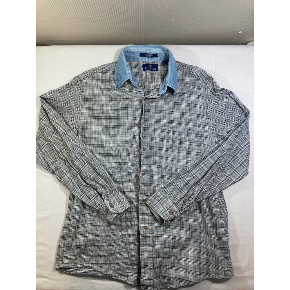 Bill Blass Mens Large Gray Glen Plaid Button Down Shirt Denim Contrast Collar L